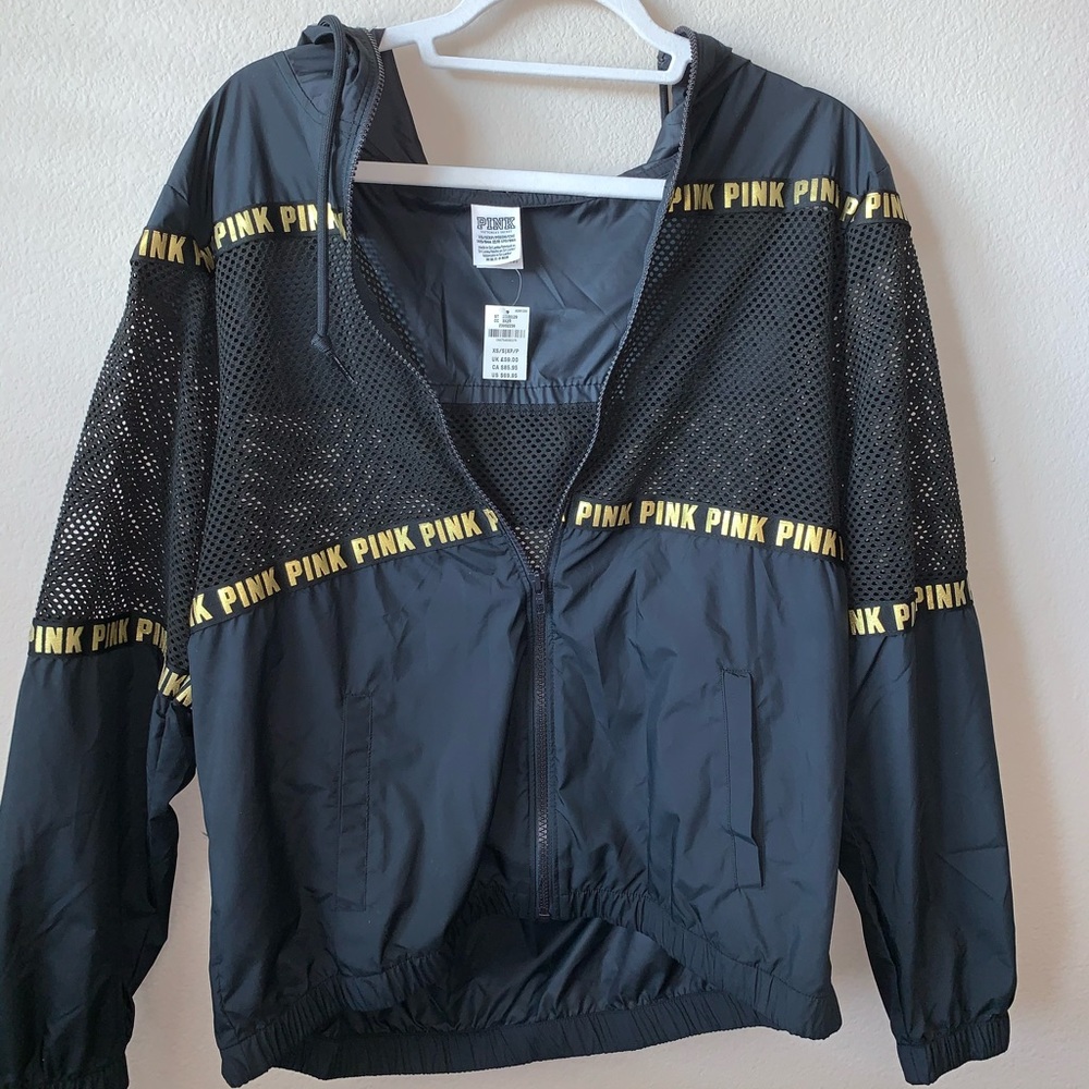 NWT VS Pink Windbreaker Zip Up Black/Gold